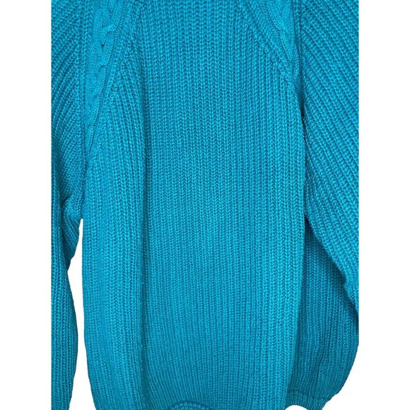 VTG Teal Fisherman's Sweater Joan Harper Cotton Mock Turtleneck Cable Knit Warm - Picture 7 of 7